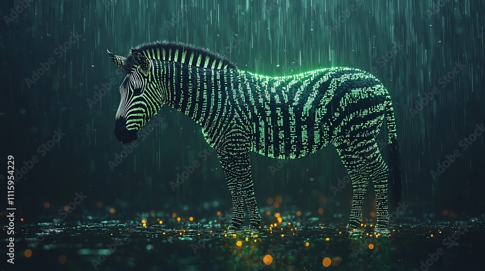 Poster futuristic zebra illuminated in rain with glowing digital code in dark forest background