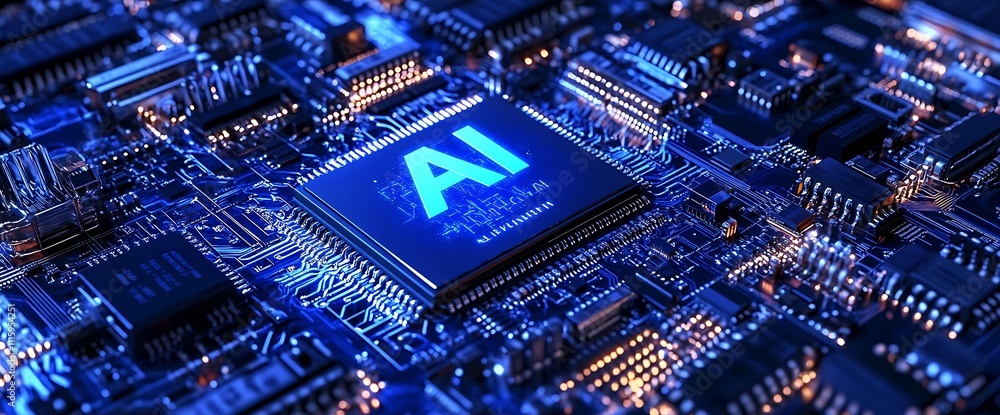 Aufkleber A close-up image of an AI chip on a circuit board, showcasing advanced technology and innovation.