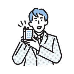 シンプル　イラスト　電卓を持って見積もり提案をするビジネスマン