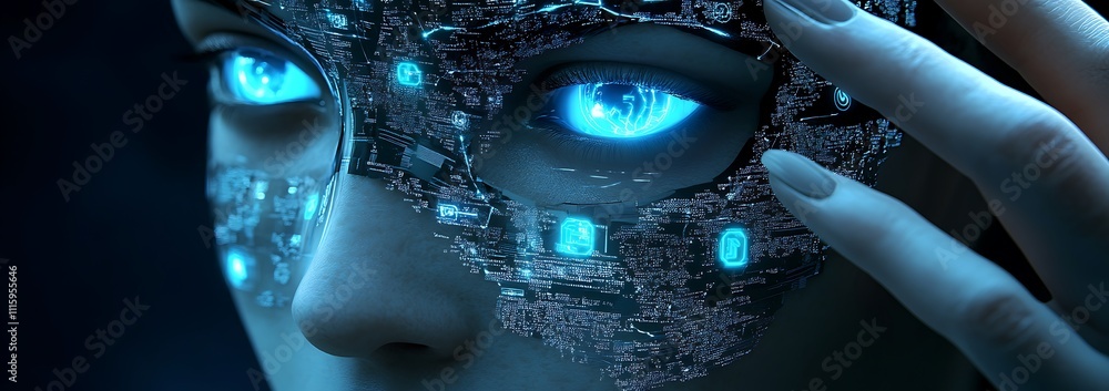 Poster a close-up image of an ai robot's face featuring glowing blue elements.