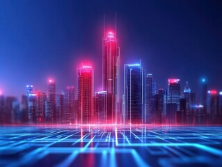 Fototapeta premium Futuristic city skyline illuminated by neon lights.