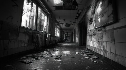 Desolate, decaying hallway; broken windows, graffiti.