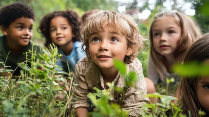 Diverse group of children in outdoor science class