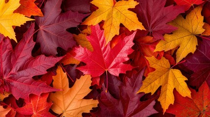 Fototapeta premium Autumn Maple Leaves Background Red Orange Burgundy Fall Foliage Texture