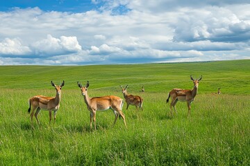 Fototapeta premium A lone deer grazes in a sun-drenched forest clearing.. Beautiful simple AI generated image