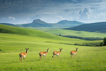 Fototapeta premium A lone deer grazes in a sun-drenched forest clearing.. Beautiful simple AI generated image