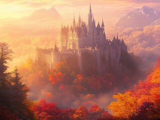 Fototapeta premium Realistic depiction of Castle Hohenzollern during autumn at sunrise