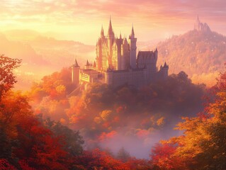 Naklejka premium Realistic depiction of Castle Hohenzollern during autumn at sunrise