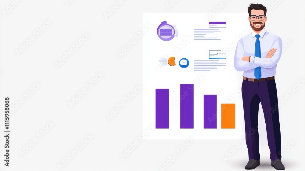 Poster a professional man stands confidently next to a colorful bar graph, symbolizing data analysis and bu