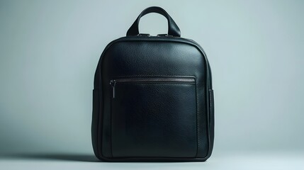 Minimalist black leather backpack featuring front zipper pocket, photographed against pure white background with dramatic studio lighting emphasizing luxury fashion appeal and leather texture.