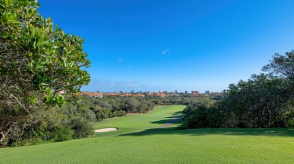 Obraz premium Scenic Golf Course Fairway City Skyline View Lush Greenery