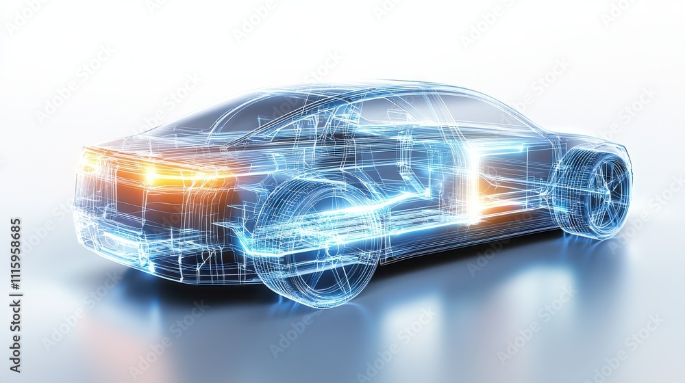 Poster a futuristic, digitally-rendered car showcasing a transparent, high-tech design with glowing element