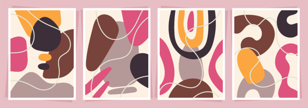 Colorful Wall Art Cards with Hand Drawn Organic and Modern Abstract Shapes. Trendy poster collection perfect for print, home decor, covers, wallpaper