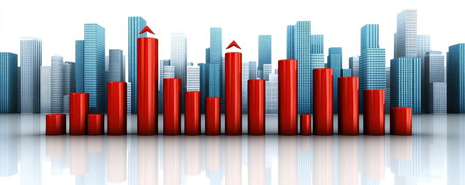 Red and blue bar graph in modern cityscape.