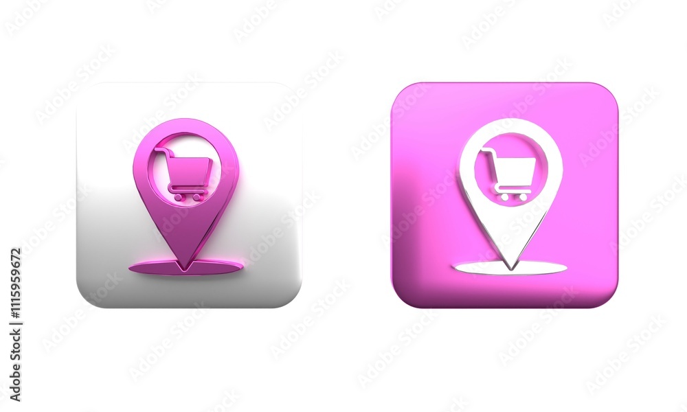 Poster colorful map pointer with shopping cart icon isolated on white background. pin point shop and shoppi
