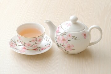 Fototapeta premium A delicate tea set featuring a floral teapot and cup with tea.