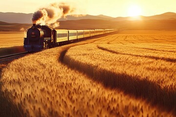 Fototapeta premium Steam train crossing golden wheat field at sunset.