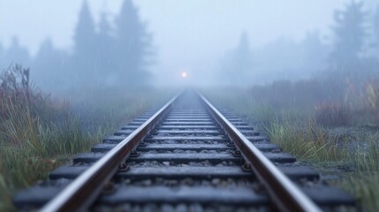 Obraz premium Rainy Day Railroad Tracks Foggy Landscape Journey Travel Mystery
