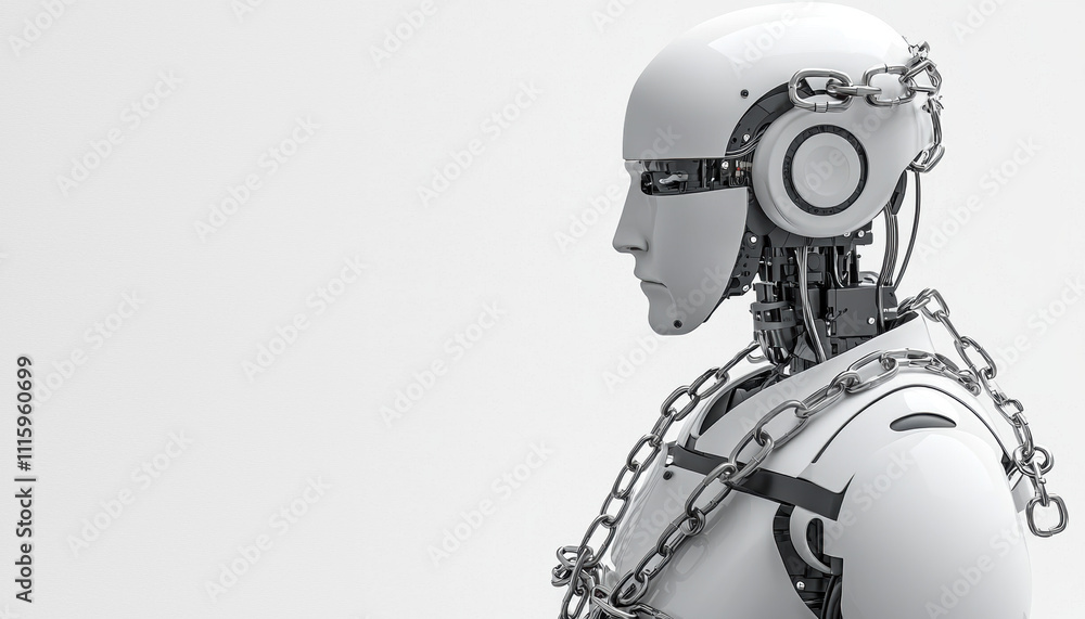 Poster a humanoid robot with chains, symbolizing constraints and limitations, stands against a minimalistic