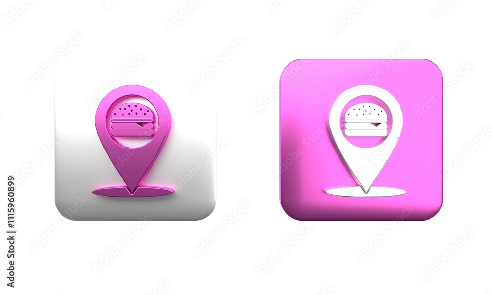 Poster colorful map pointer with fast food burger icon isolated on white background. square button. 3d rend