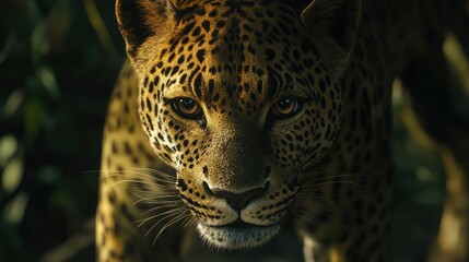 Obraz premium A close-up of a leopard showcasing its striking features and intense gaze in a natural setting.