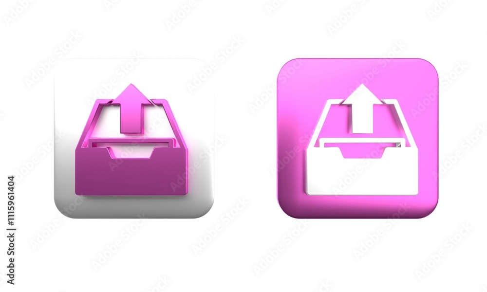 Poster colorful upload inbox icon isolated on white background. extract files from archive. square button. 