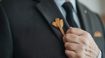 Hand Adjusting Suit Lapel with Decorative Boutonniere