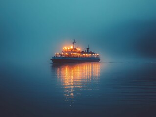 Fototapeta premium Ferry boat at night, calm water, glowing lights.