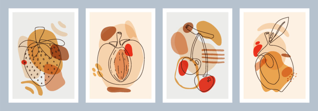 Wall Art Cards With Colorful Organic Modern Shapes and One Continuous Fruit Line. Trendy poster collection perfect for print, home decor, covers, wallpaper