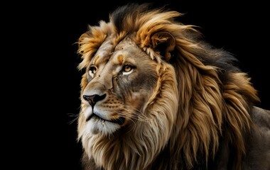 Fototapeta premium Majestic male lion portrait against a black background.