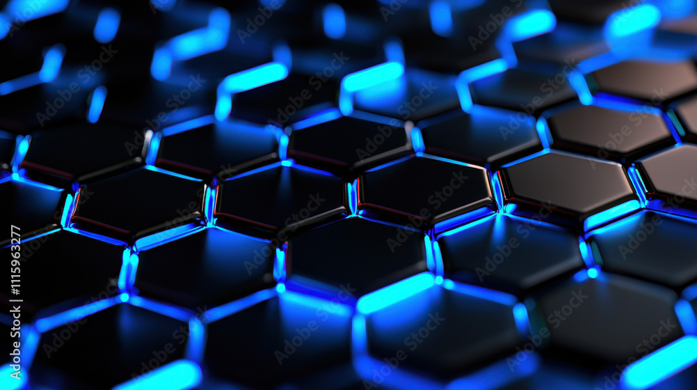 Poster a close-up view of a hexagonal pattern illuminated with vibrant blue light, showcasing a modern, tec