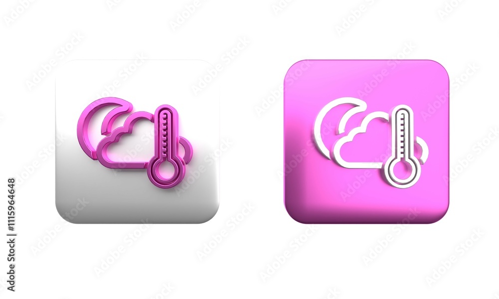 Poster colorful thermometer and cloud with moon icon isolated on white background. square button. 3d render