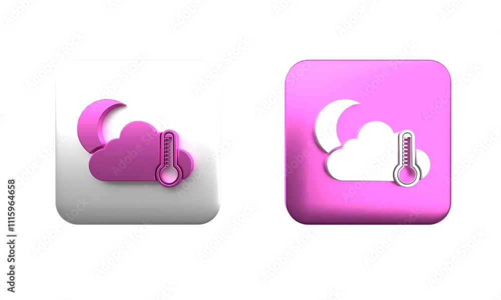 Poster colorful thermometer and cloud with moon icon isolated on white background. square button. 3d render