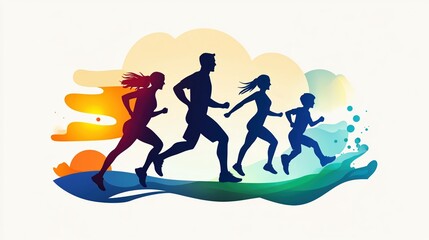 Obraz premium Family marathon depicting joy and unity, with a father, mother, and two kids running together under a vibrant sunset sky