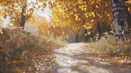 Scenic Autumn Forest with Golden Leaves and Sunlight