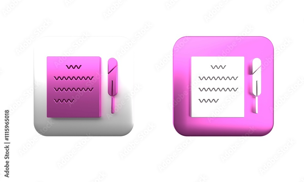 Poster colorful feather pen and paper scroll icon isolated on white background. square button. 3d render il