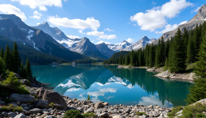 Fototapeta premium Serene mountain lake reflecting stunning peaks and evergreen trees under a bright blue sky