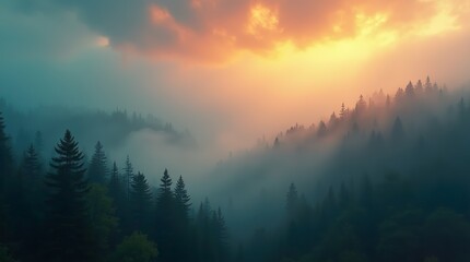 Obraz premium A Timeless Misty Landscape: Fir Forest in Vintage Retro Style, Capturing the Mystical Atmosphere of Nature's Foggy Embrace