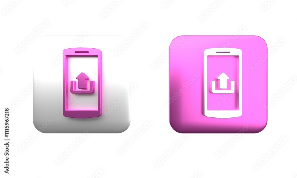 Poster colorful smartphone with upload icon isolated on white background. square button. 3d render illustra