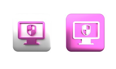 Colorful Monitor and shield icon isolated on white background. Computer security, firewall technology, internet privacy safety or antivirus. Square button. 3D render illustration