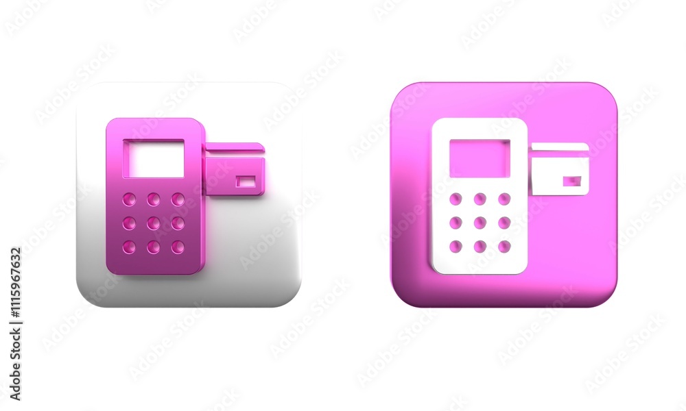 Poster colorful pos terminal with inserted credit card icon isolated on white background. payment terminal 