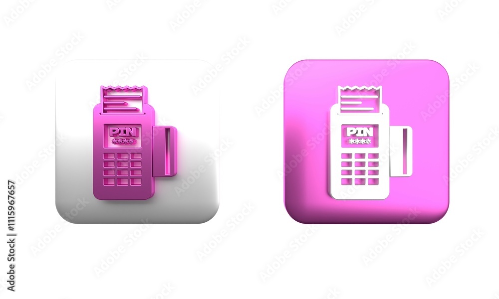 Poster colorful pos terminal with inserted credit card and printed reciept icon isolated on white backgroun
