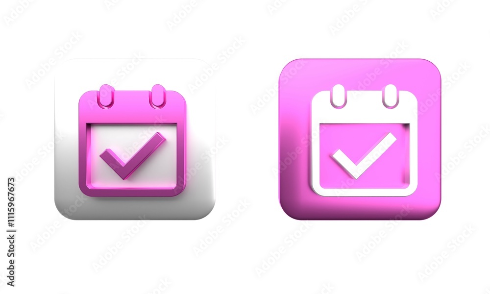 Poster colorful calendar with check mark icon isolated on white background. square button. 3d render illust