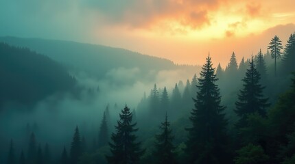Obraz premium Misty Landscape of a Fir Forest: A Vintage Retro Aesthetic Capturing the Mysterious Beauty of Nature Shrouded in Fog