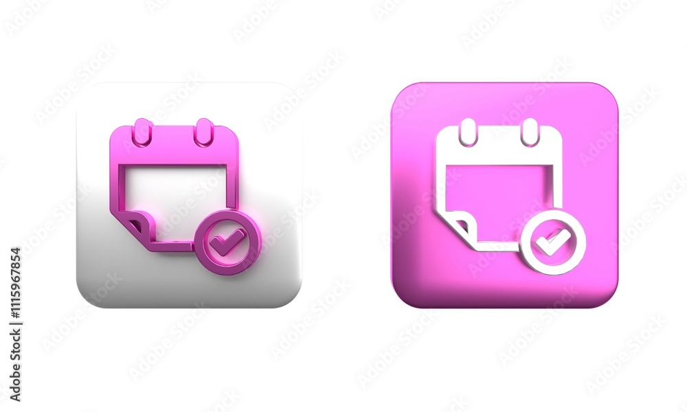Poster colorful calendar with check mark icon isolated on white background. square button. 3d render illust