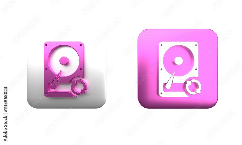 Poster colorful hard disk drive hdd sync refresh icon isolated on white background. square button. 3d rende