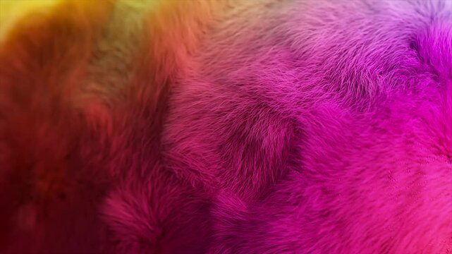 Colorful fur dances gently in the wind, creating a luxurious backdrop of soft, flowing hairs. The vibrant hues blend seamlessly, showcasing a stunning display of texture and movement