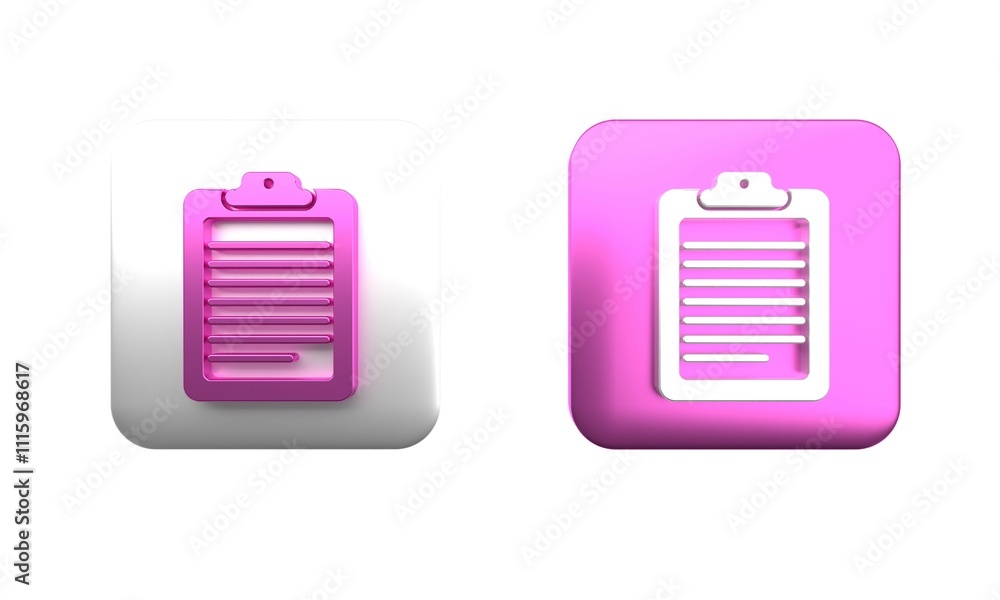 Poster colorful clipboard with document icon isolated on white background. square button. 3d render illustr