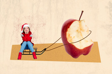 Composite photo collage of happy teenager girl sit sleds bitten apple fruit nutrition new year...