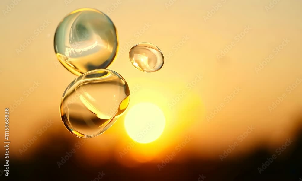 Poster soap bubbles flying at sunset light, capturing their translucent colors and shimmering patterns